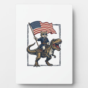 Patriotische Katze reitet auf Dinosaurier Vintage- Fotoplatte