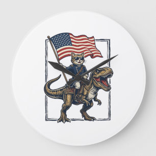 Patriotische Katze reitet auf Dinosaurier Vintage- Große Wanduhr