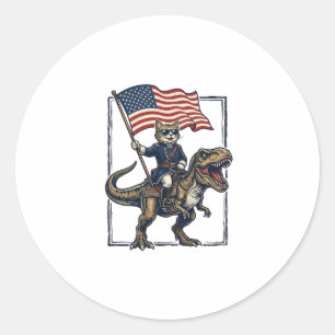 Patriotische Katze reitet auf Dinosaurier Vintage- Runder Aufkleber