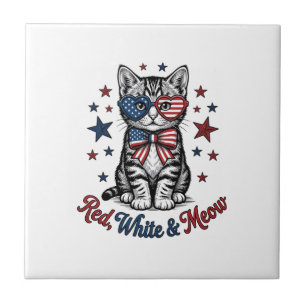 Patriotische Katze Rot Weiß und Miauen Vintage-Des Fliese