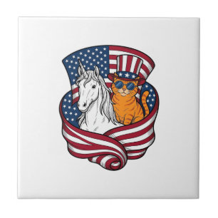 Patriotische Katze und Einhorn Vintage-Vektordesig Fliese