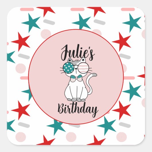 Patriotische Katzen Sprinklen und Stars Geburtstag Quadratischer Aufkleber (Vorderseite)