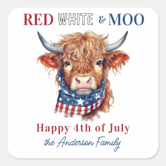Patriotische Kuh glücklich 4. Juli Red White Blue Quadratischer Aufkleber (Vorderseite)