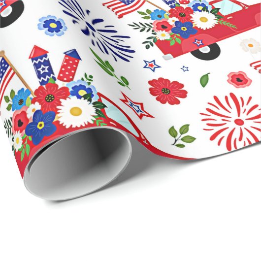 Patriotische LKW- und Feuerwerksmuster Geschenkpapier (Rolleneckpunkt)