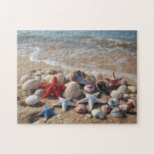 Patriotische Muscheln und Seesterne an einem Sands Puzzle