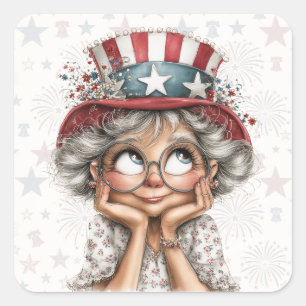 Patriotische Oma beim Tagträumen Quadratischer Aufkleber