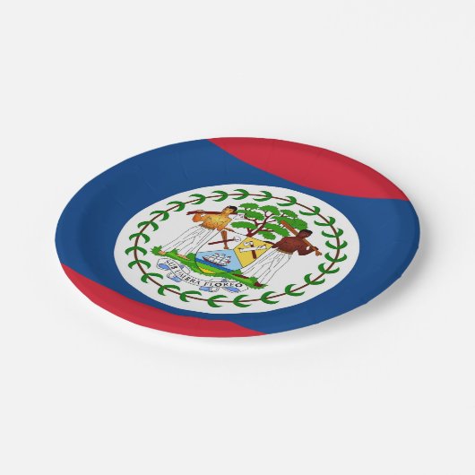 Patriotische Papierplatte mit Flagge von Belize Pappteller (Schrägansicht)