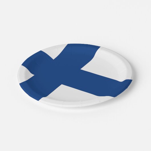 Patriotische Papiertafel mit finnischer Flagge Pappteller (Schrägansicht)