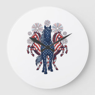 Patriotische Pferde Vintage Feuerwerk Vektor Desig Große Wanduhr