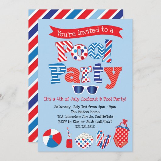 Patriotische Pool-Party Einladung - rotes weißes (Vorne/Hinten)