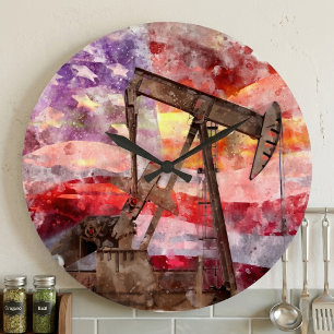 Patriotische Pumpjack-Wasserfarben-Sonnenuntergang Große Wanduhr