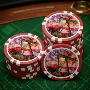 Patriotische Pumpjack-Wasserfarben-Sonnenuntergang Pokerchips
