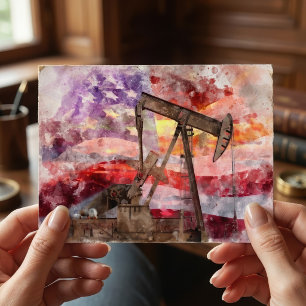 Patriotische Pumpjack-Wasserfarben-Sonnenuntergang Postkarte