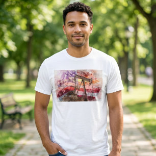 Patriotische Pumpjack-Wasserfarben-Sonnenuntergang T-Shirt