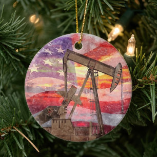 Patriotische Pumpjack-Zeichnung in Pastelltechnik Keramik Ornament