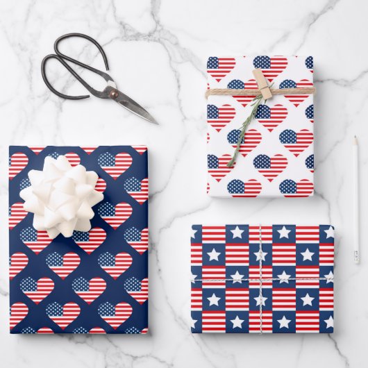 Patriotische Red, White & Blue USA Flaggenmuster Geschenkpapier Set (Vorderseite)