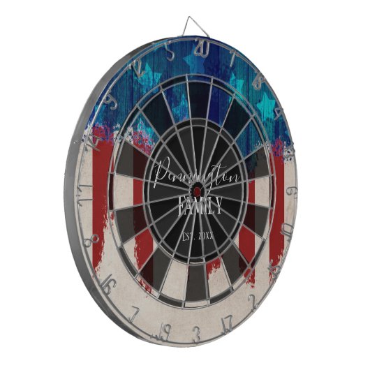 Patriotische rustikale Holzbauweise - eigener Fami Dartscheibe (Vorderseite Links)