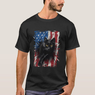 Patriotische schwarze Katze Torn American Flag 4.  T-Shirt