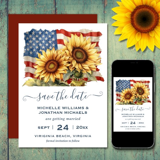 Patriotische Sonnenblumenhochzeit Save The Date