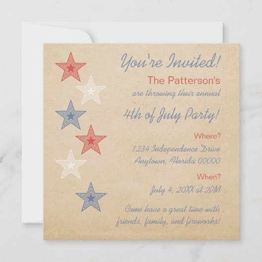 Patriotische Stars 4. Juli Einladung (Vorderseite)