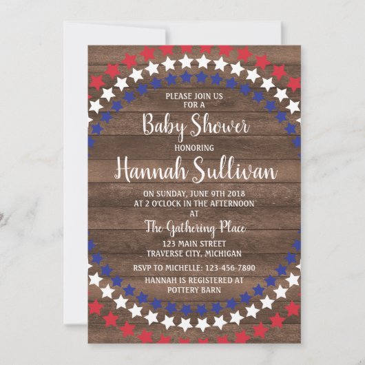 Patriotische Stars Rustikale 4. Juli Babydusche Einladung (Vorderseite)