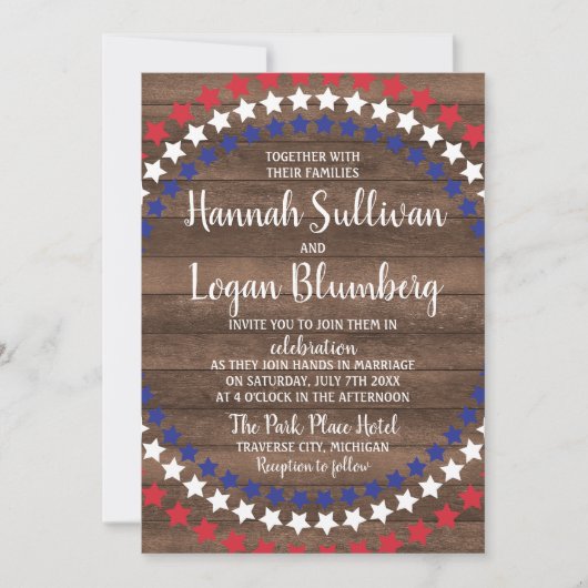 Patriotische Stars Rustikale Amerikanische Unabhän Einladung (Vorderseite)