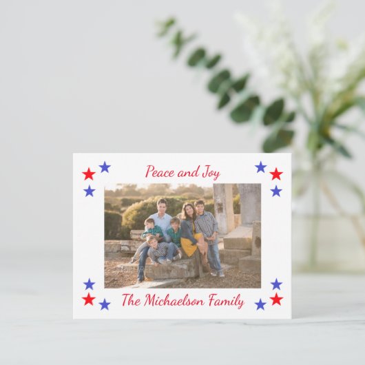 Patriotische Sterne FamilienFoto Feiertagspostkarte (Stehend Vorderseite)