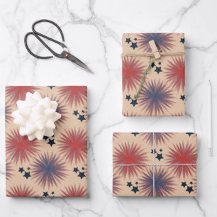 Patriotische Sterne Feuerwerk Weiß Blau Creme Geschenkpapier Set