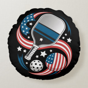 Patriotische Sterne Streifen USA-Flagge Pickleball Rundes Kissen