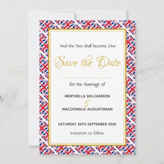 Patriotische UNION JACK Christlich Hochzeit Save The Date (Vorderseite)