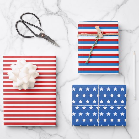 Patriotische US Flagge Rot und Blau 4. Juli Geschenkpapier Set (Vorderseite)