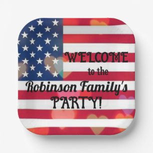 Patriotische USA-Flagge-Herzen mit kalligrafischem Pappteller