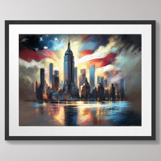 Patriotische USA-Flagge über City Skyline America Poster