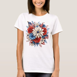 PATRIOTISCHE WEISSE, BLAUE BLUME UND FLAG T-Shirt