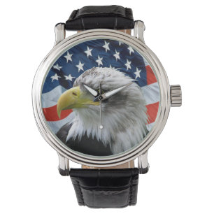 Patriotische Weißkopfseeadler-amerikanische Flagg Armbanduhr