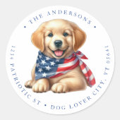 Patriotische Welpe 4. Juli Hunde Rücksendeadresse Runder Aufkleber (Vorderseite)