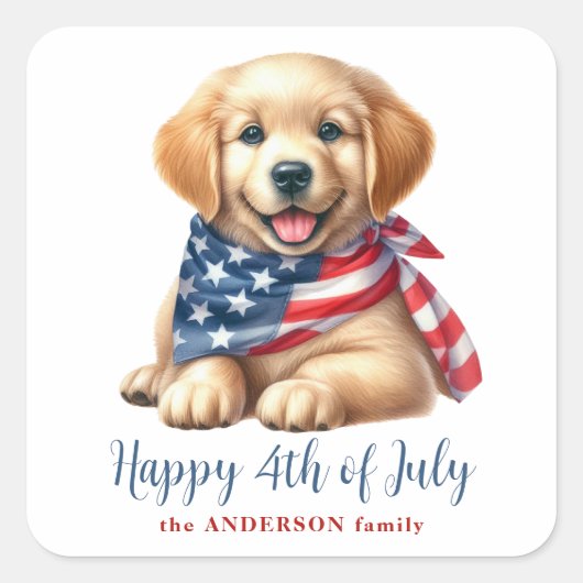 Patriotische Welpe Golden Retriever Happy 4. Juli Quadratischer Aufkleber (Vorderseite)