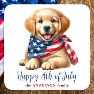 Patriotische Welpe Golden Retriever Happy 4. Juli Quadratischer Aufkleber