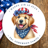 Patriotische Welpe Red Blue Golden Retriever Runder Aufkleber