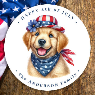 Patriotische Welpe Red Blue Golden Retriever Runder Aufkleber