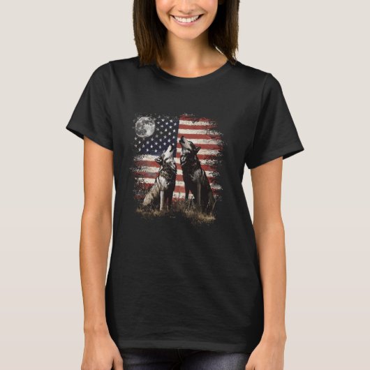 Patriotische Wölfe heulen unter dem Mond USA Ameri T-Shirt (Vorderseite)