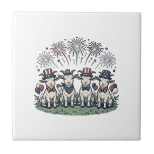 Patriotische Ziegen Feuerwerk Vintage-Shirt Design Fliese