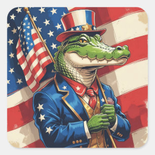 Patriotischer Alligator, der die amerikanische Fla Quadratischer Aufkleber