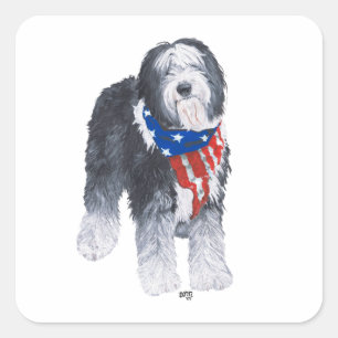 Patriotischer Altenglischer Schäferhund Quadratischer Aufkleber