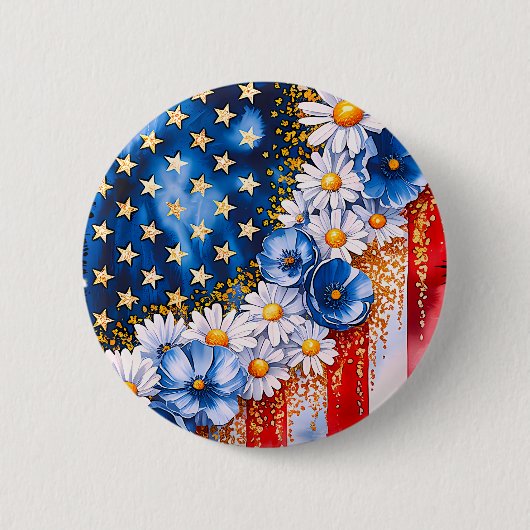 Patriotischer Amerikanischer Flagge Blumen Glitter Button (Vorderseite)