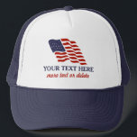 Patriotischer amerikanischer Unabhängigkeitstag Truckerkappe<br><div class="desc">Feiern Sie das Rote, das weiß und Blau mit diesem amerikanischen USA-Flaggenhut, der einen Spaß und festlicher ein USA-Flaggenentwurf und 2 Linien kundenspezifischer Text kennzeichnet (kann gelöscht werden). Vervollkommnen Sie für Ihren ganzen Sommer, 4. von Juli und patriotische Feiern. Karo heraus unsere andere USA-Flagge entwirft, indem er auf dem Colorfulgalshop...</div>