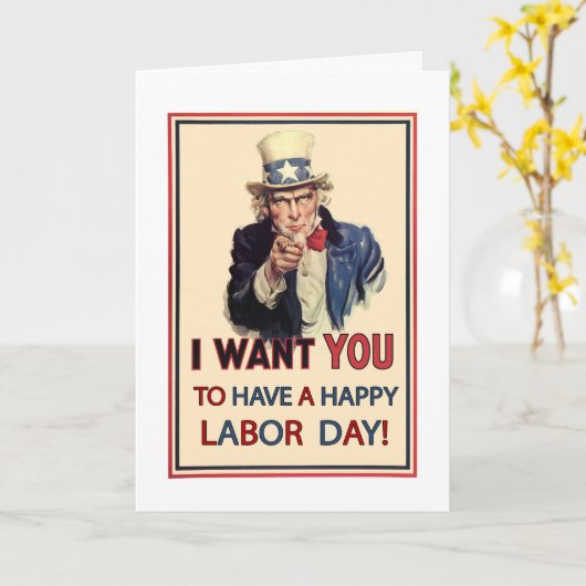 Patriotischer Arbeitstag, Vintager Uncle Sam Karte (Gelbe Blume)