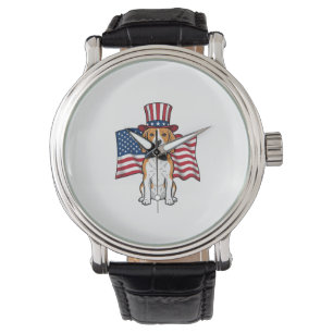 Patriotischer Beagle-Hund-Flagge Vintage-Stich-Des Armbanduhr