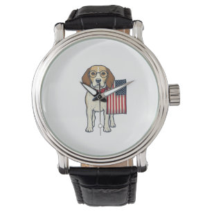 Patriotischer Beagle mit Flagge Vintage-Vektor-Art Armbanduhr