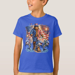 Patriotischer Bigfoot, der Delphine führt, lustige T-Shirt